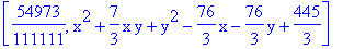 [54973/111111, x^2+7/3*x*y+y^2-76/3*x-76/3*y+445/3]
